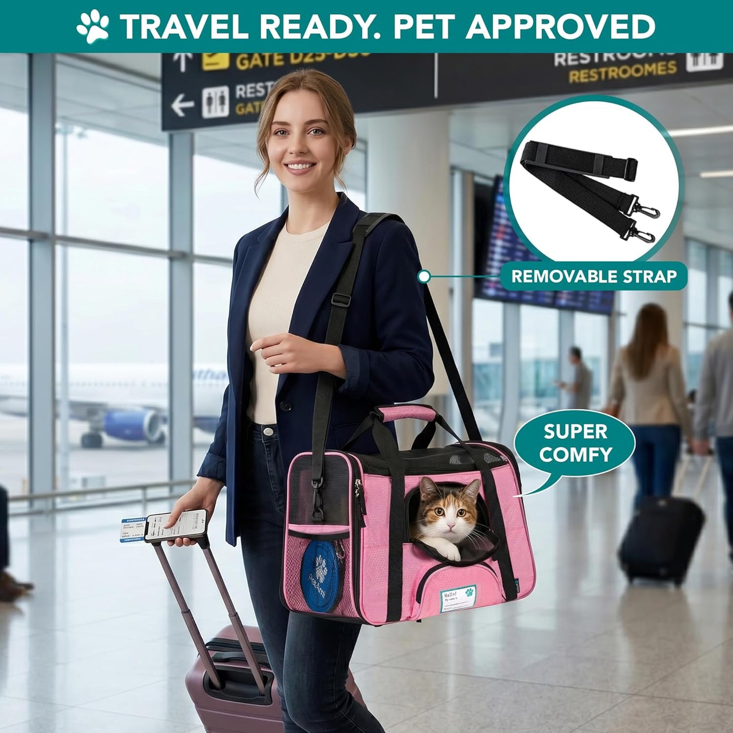 Airline-Approved Pet Carrier for Cats and Small Dogs, Large Size, Pink