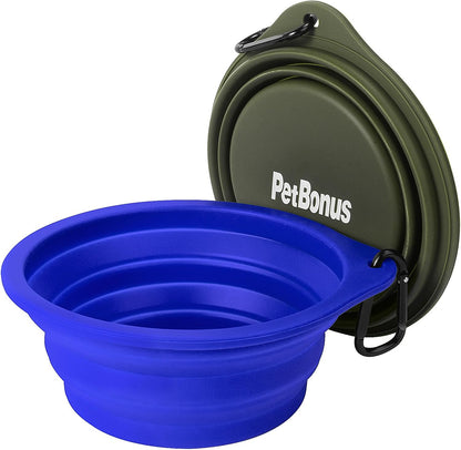 Silicone Collapsible Dog Bowls - 2-Pack, BPA Free, Dishwasher Safe, Portable and Expandable Travel Feeding Cups for Dogs and Cats with 2 Carabiners (Army Green, Blue)