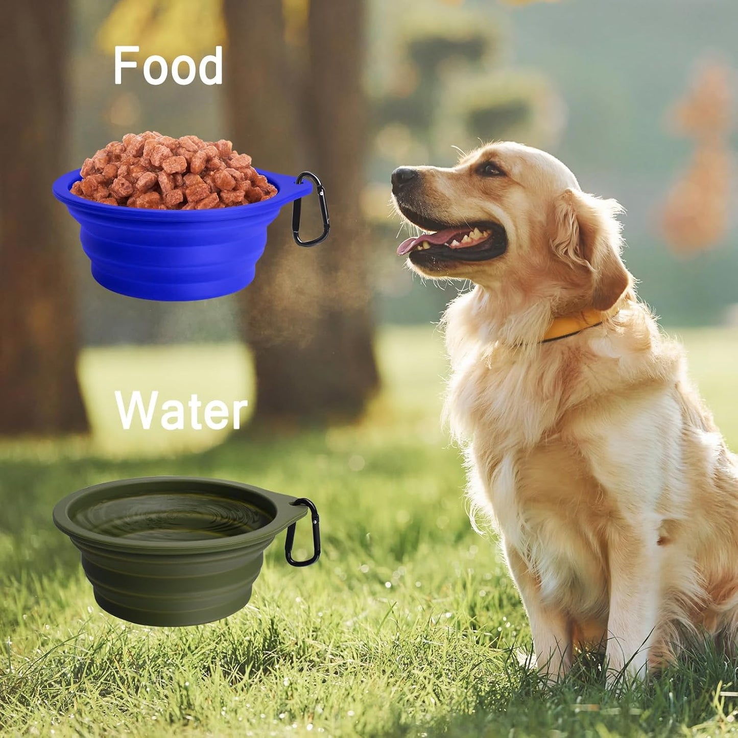 Silicone Collapsible Dog Bowls - 2-Pack, BPA Free, Dishwasher Safe, Portable and Expandable Travel Feeding Cups for Dogs and Cats with 2 Carabiners (Army Green, Blue)