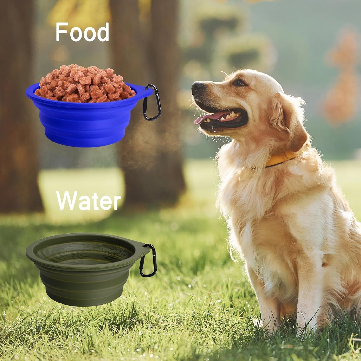 Silicone Collapsible Dog Bowls - 2-Pack, BPA Free, Dishwasher Safe, Portable and Expandable Travel Feeding Cups for Dogs and Cats with 2 Carabiners (Army Green, Blue)