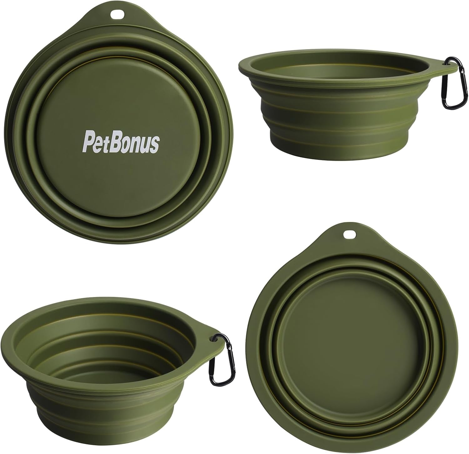 Silicone Collapsible Dog Bowls - 2-Pack, BPA Free, Dishwasher Safe, Portable and Expandable Travel Feeding Cups for Dogs and Cats with 2 Carabiners (Army Green, Blue)