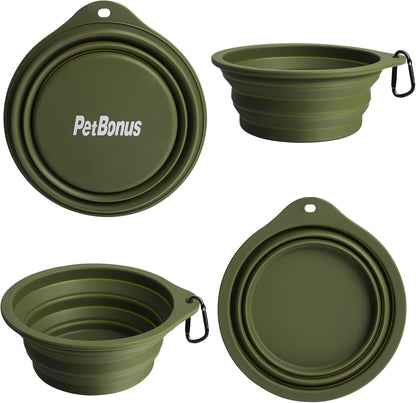 Silicone Collapsible Dog Bowls - 2-Pack, BPA Free, Dishwasher Safe, Portable and Expandable Travel Feeding Cups for Dogs and Cats with 2 Carabiners (Army Green, Blue)