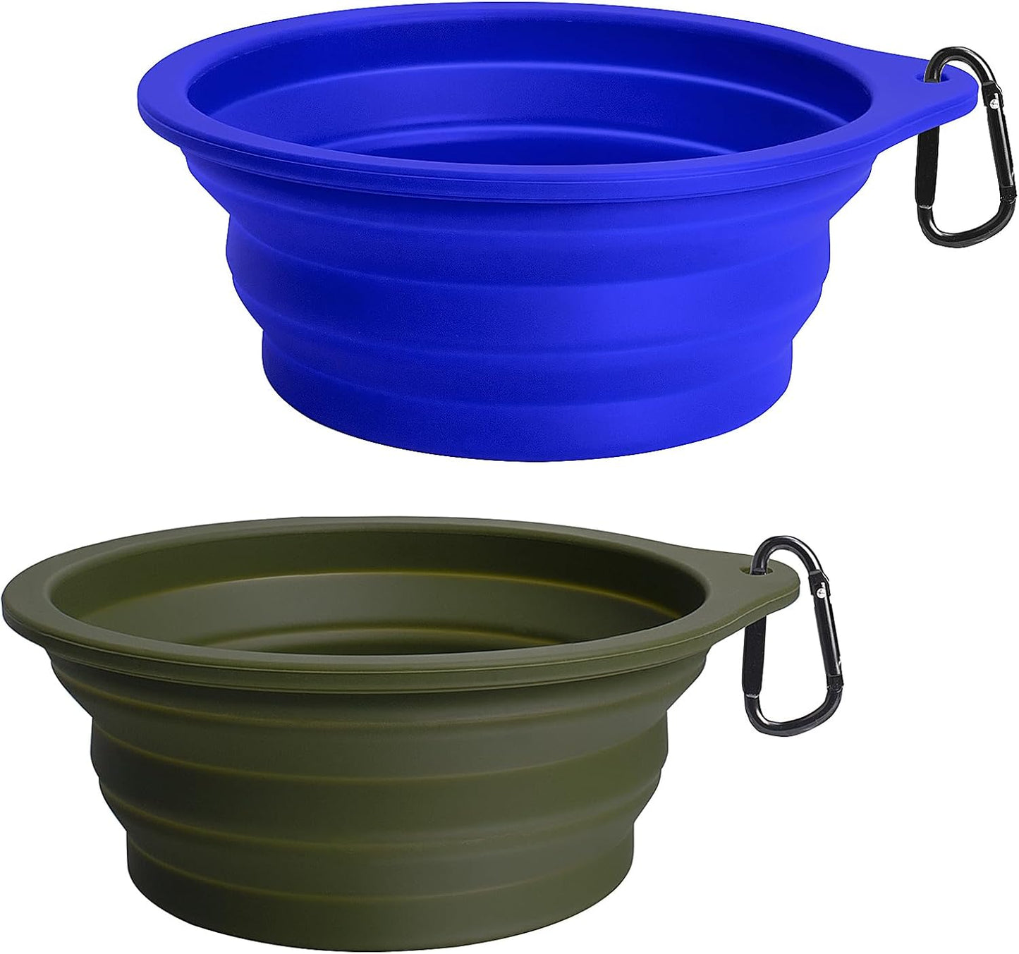 Silicone Collapsible Dog Bowls - 2-Pack, BPA Free, Dishwasher Safe, Portable and Expandable Travel Feeding Cups for Dogs and Cats with 2 Carabiners (Army Green, Blue)