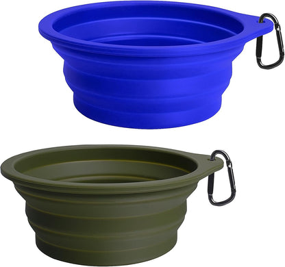 Silicone Collapsible Dog Bowls - 2-Pack, BPA Free, Dishwasher Safe, Portable and Expandable Travel Feeding Cups for Dogs and Cats with 2 Carabiners (Army Green, Blue)