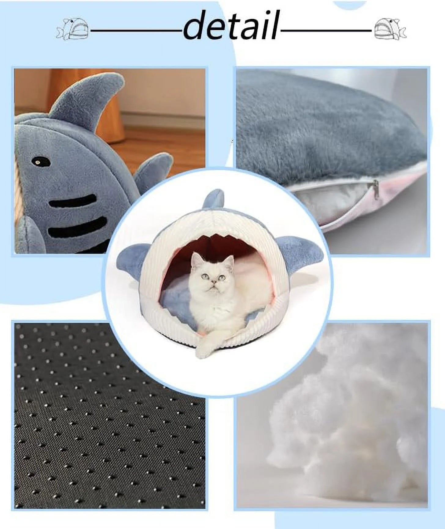 Shark Shape Large Cat Bed with Removable Washable Pillow, Blue
