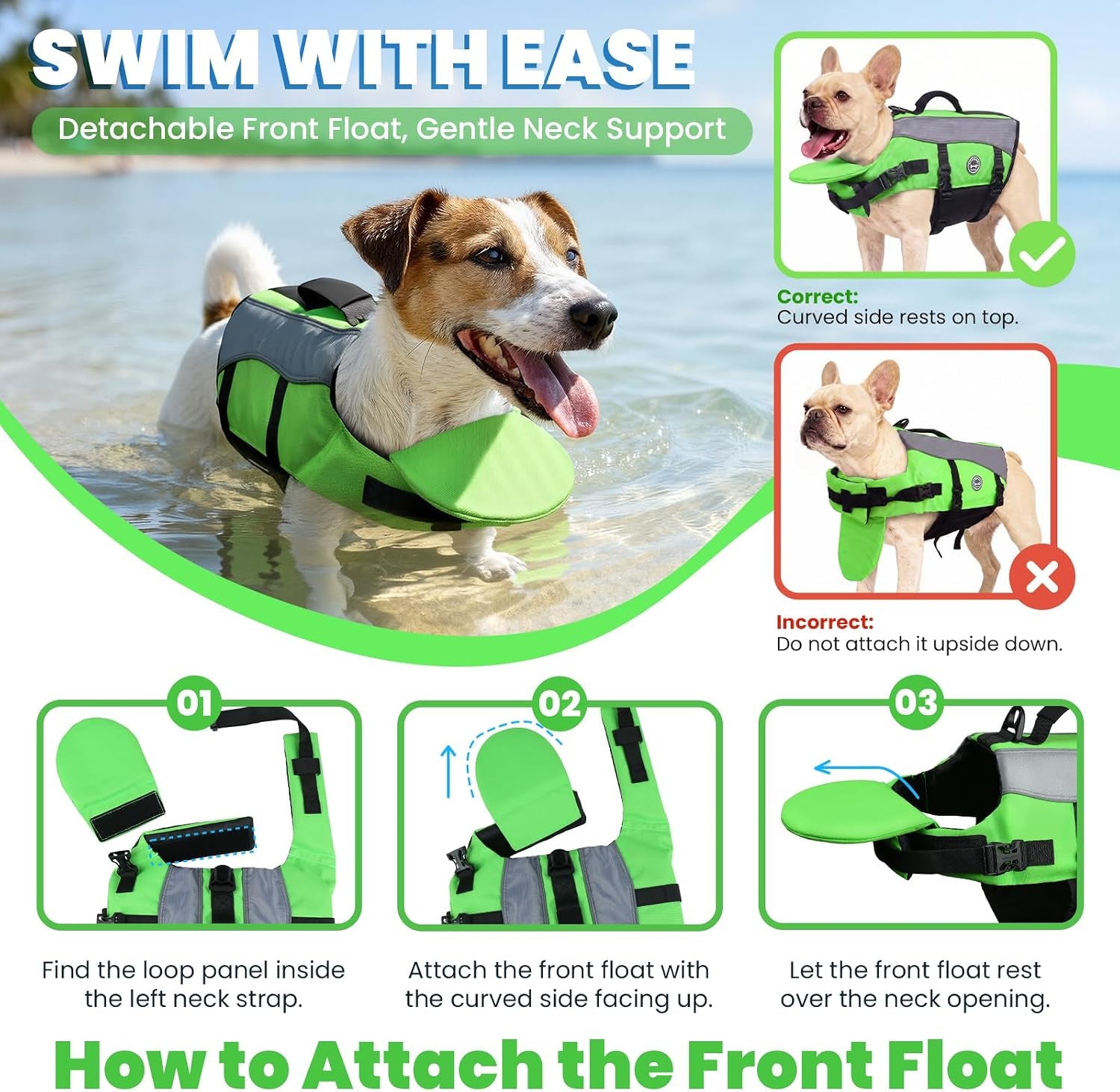 Dog Life Vest Front Float Dog Swim Vest, XXS, Bright Green