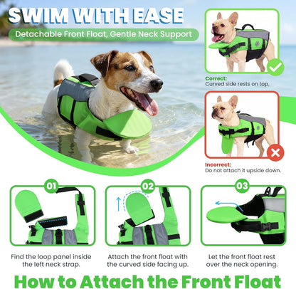 Dog Life Vest Front Float Dog Swim Vest, XXS, Bright Green