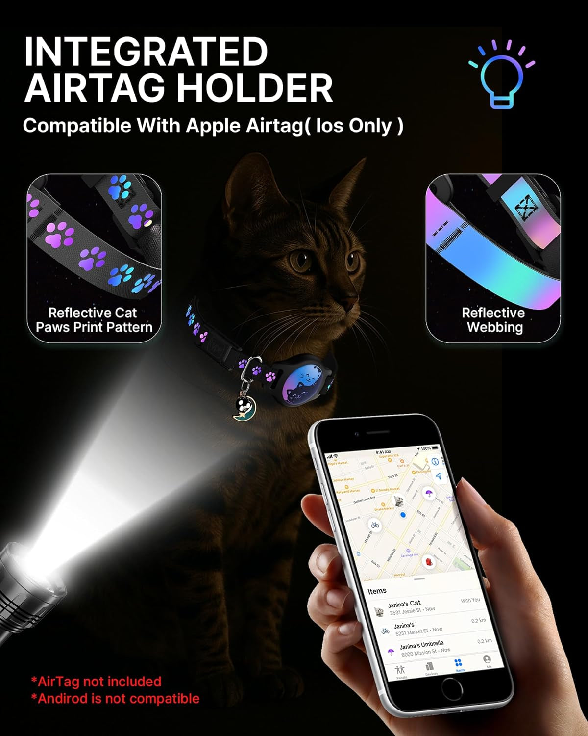2 Pack Cat Collar with Airtag Holder (Black)