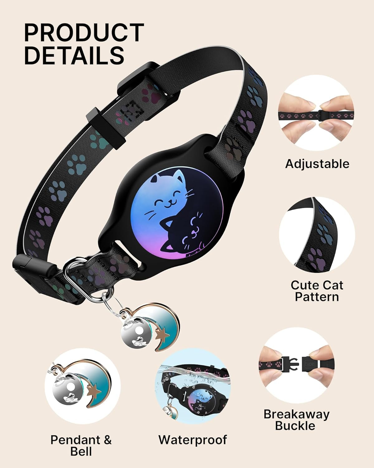 2 Pack Cat Collar with Airtag Holder (Black)